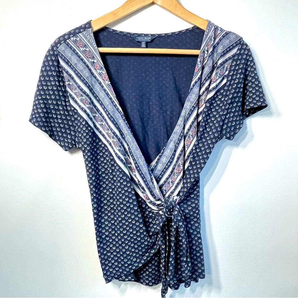 Lucky Brand Blouse Side Tie Wrap Top V Neck Navy Blue Bohemian Women’s Small
